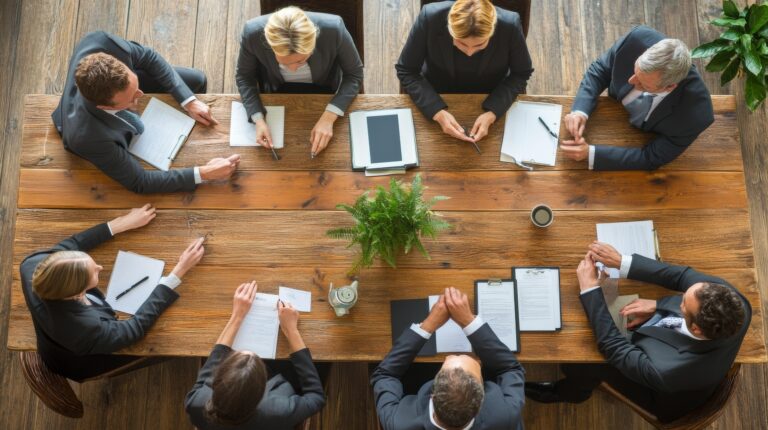 Teamleden in overleg tijdens een teamvergadering aan een vergadertafel